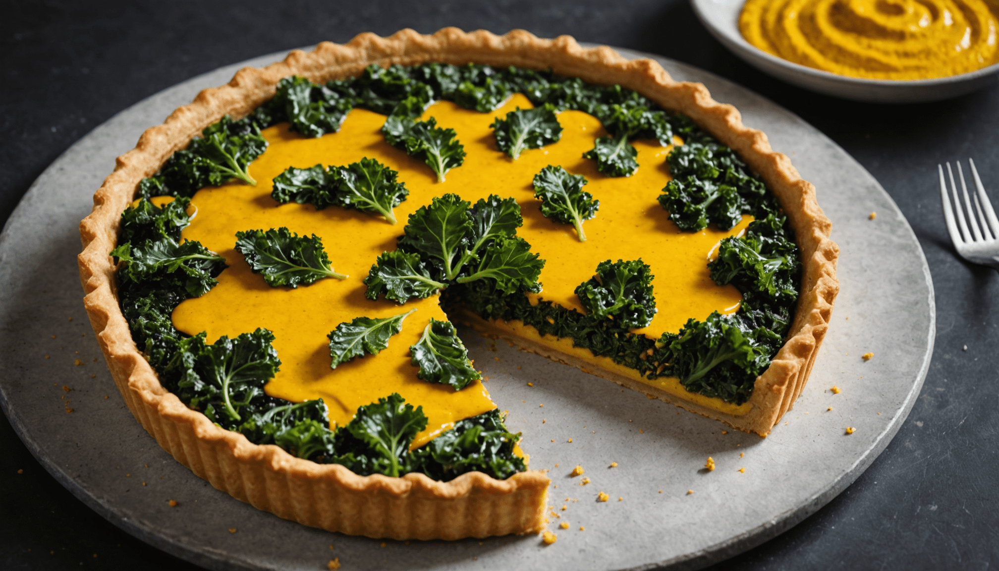 découvrez une tarte gourmande au chou kale délicatement rehaussée de curcuma, alliant saveurs originales et bienfaits naturels pour un plat sain et savoureux.