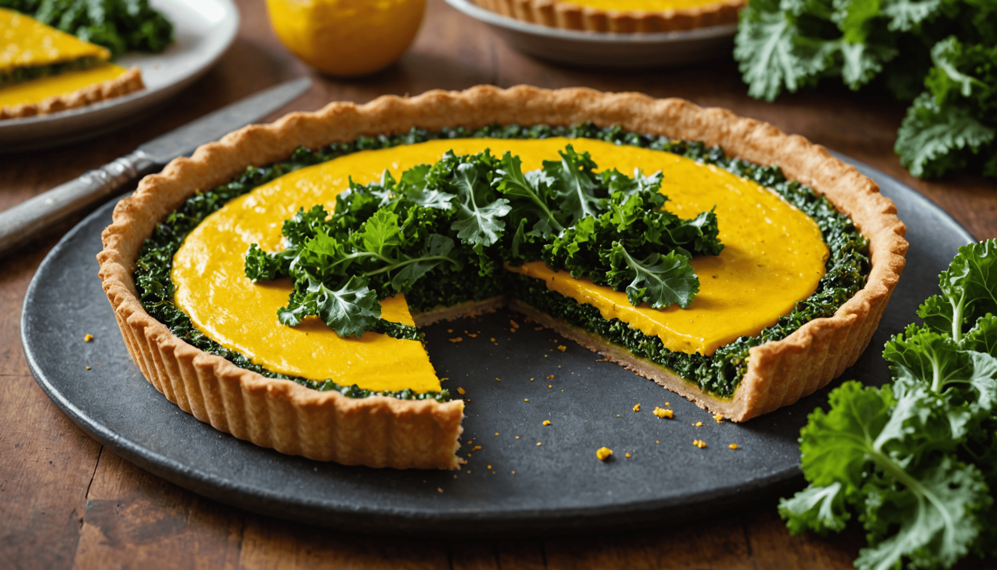 découvrez notre recette savoureuse de tarte gourmande au chou kale, subtilement rehaussée par les bienfaits et la saveur du curcuma.