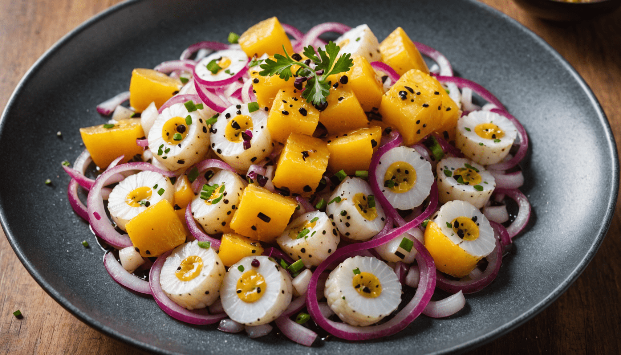 découvrez notre recette rafraîchissante de ceviche de cabillaud à la passion et aux oignons rouges, idéale pour une entrée exotique et pleine de saveurs.