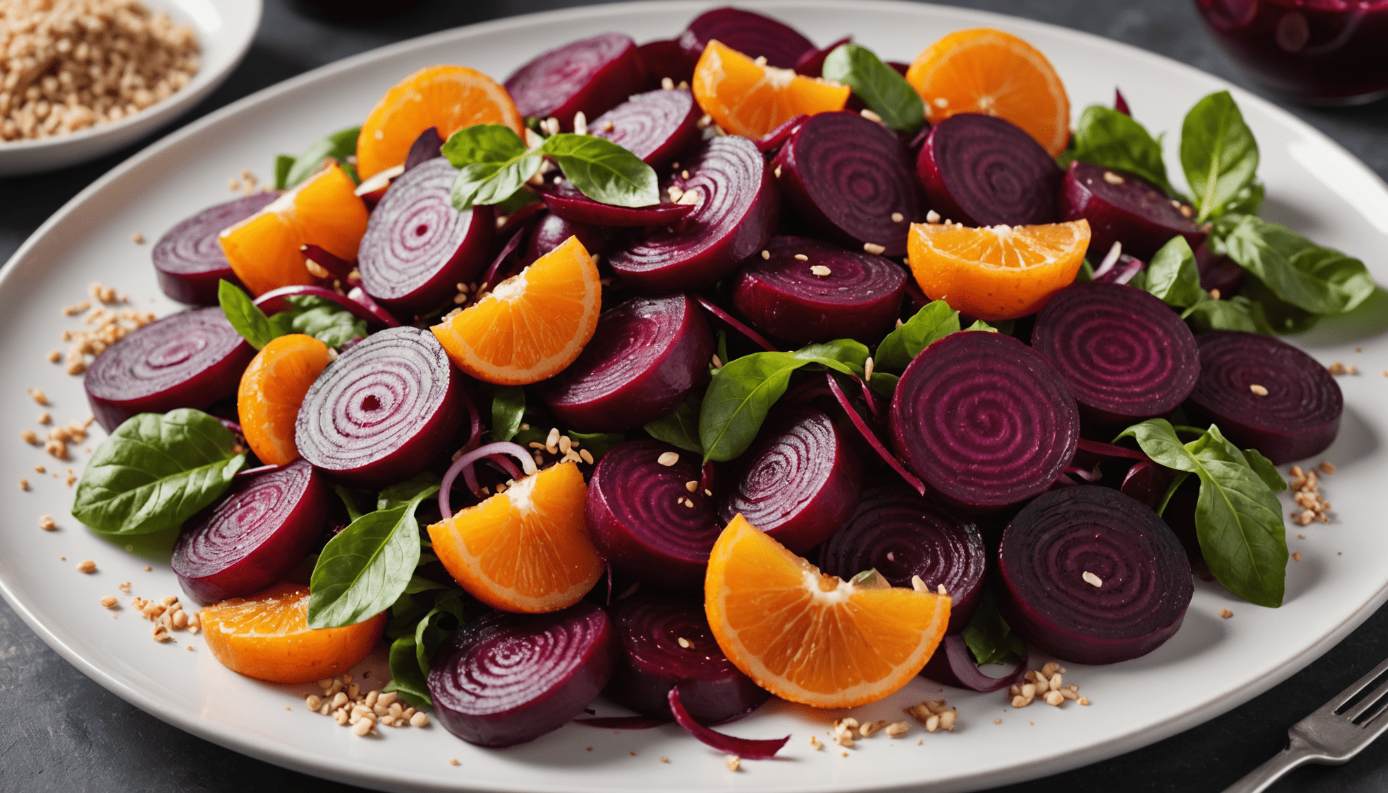 découvrez notre salade vibrante de betterave, délicatement agrémentée de graines de sésame croquantes et de zestes d'orange frais pour une explosion de saveurs et de fraîcheur.