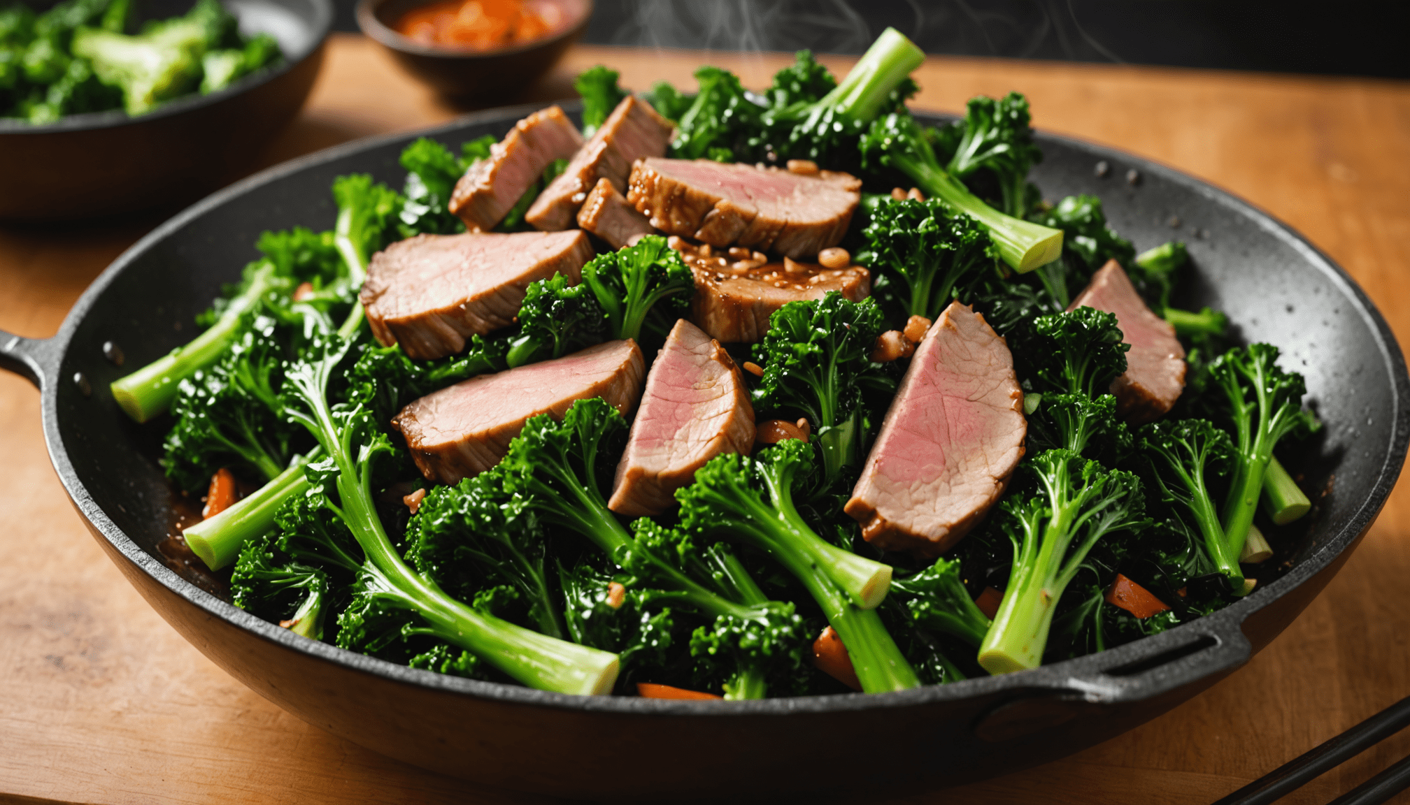 découvrez une recette savoureuse de sauté de chou kale et porc au wok, rapide et facile à préparer pour un repas sain et gourmand.