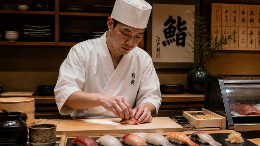 Chef préparant des sushis au comptoir du restaurant japonais Morimoto à Bordeaux