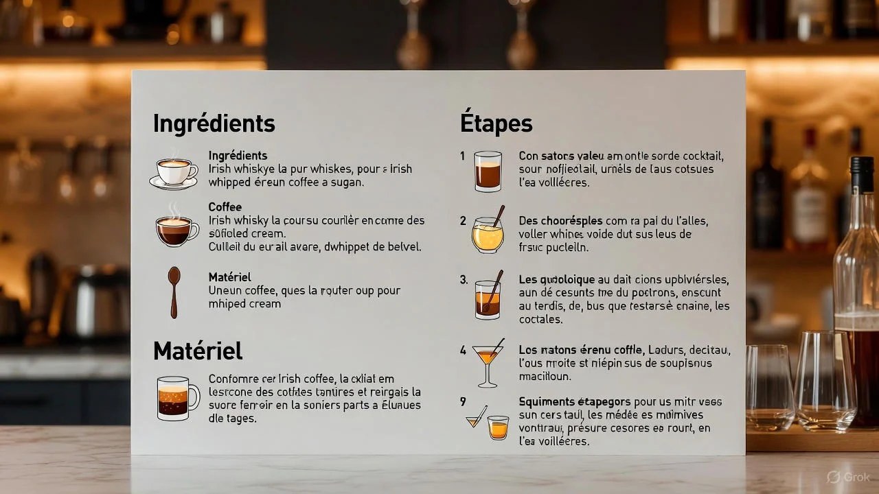 Irish coffee servi dans un verre transparent avec café chaud, whiskey et crème fouettée