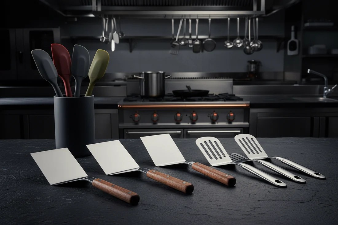 Ustensiles de cuisine en inox, bois et silicone rangés sur un plan de travail